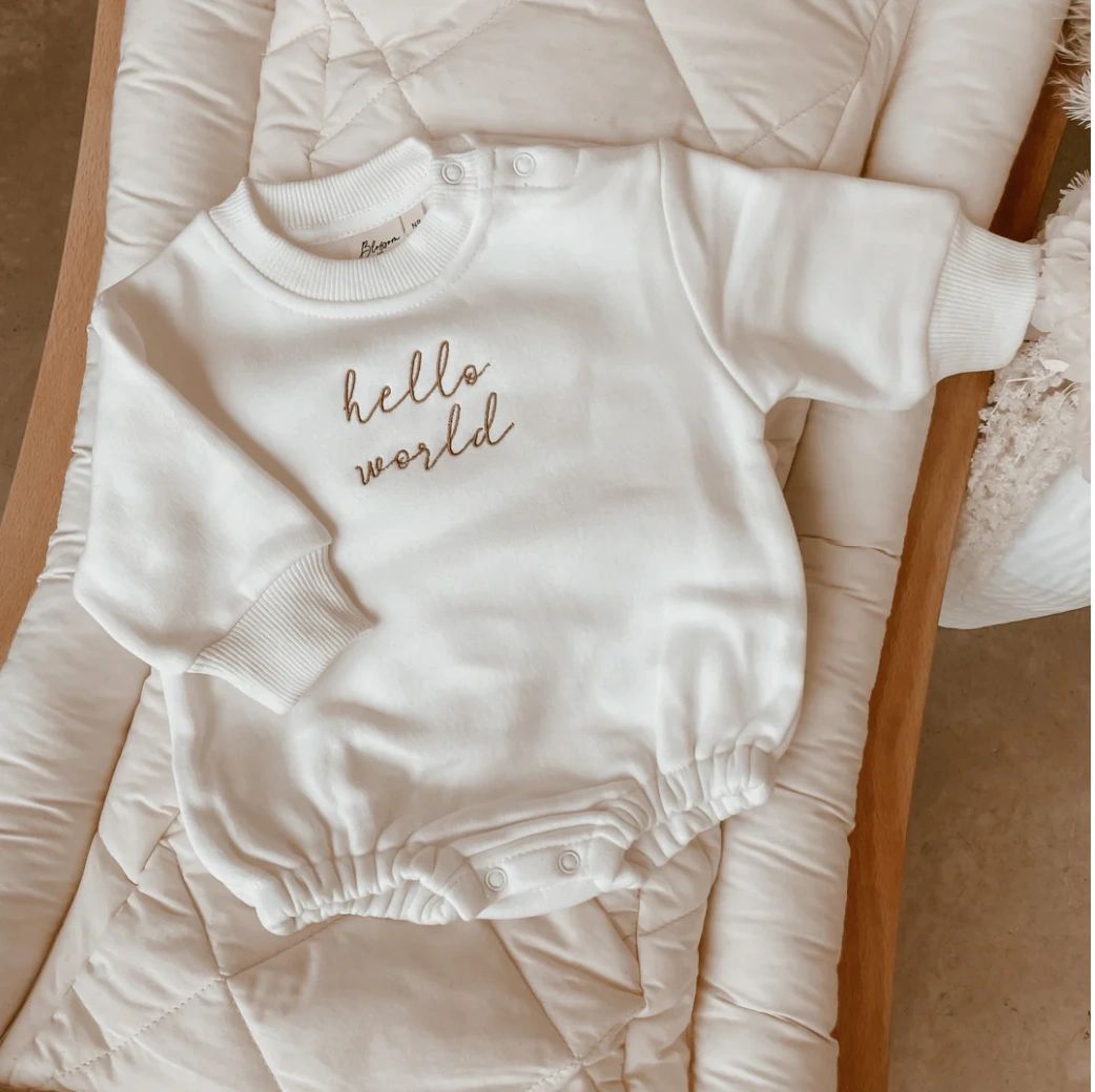 Blossom and Pear "Hello World long sleeve bubble romper
