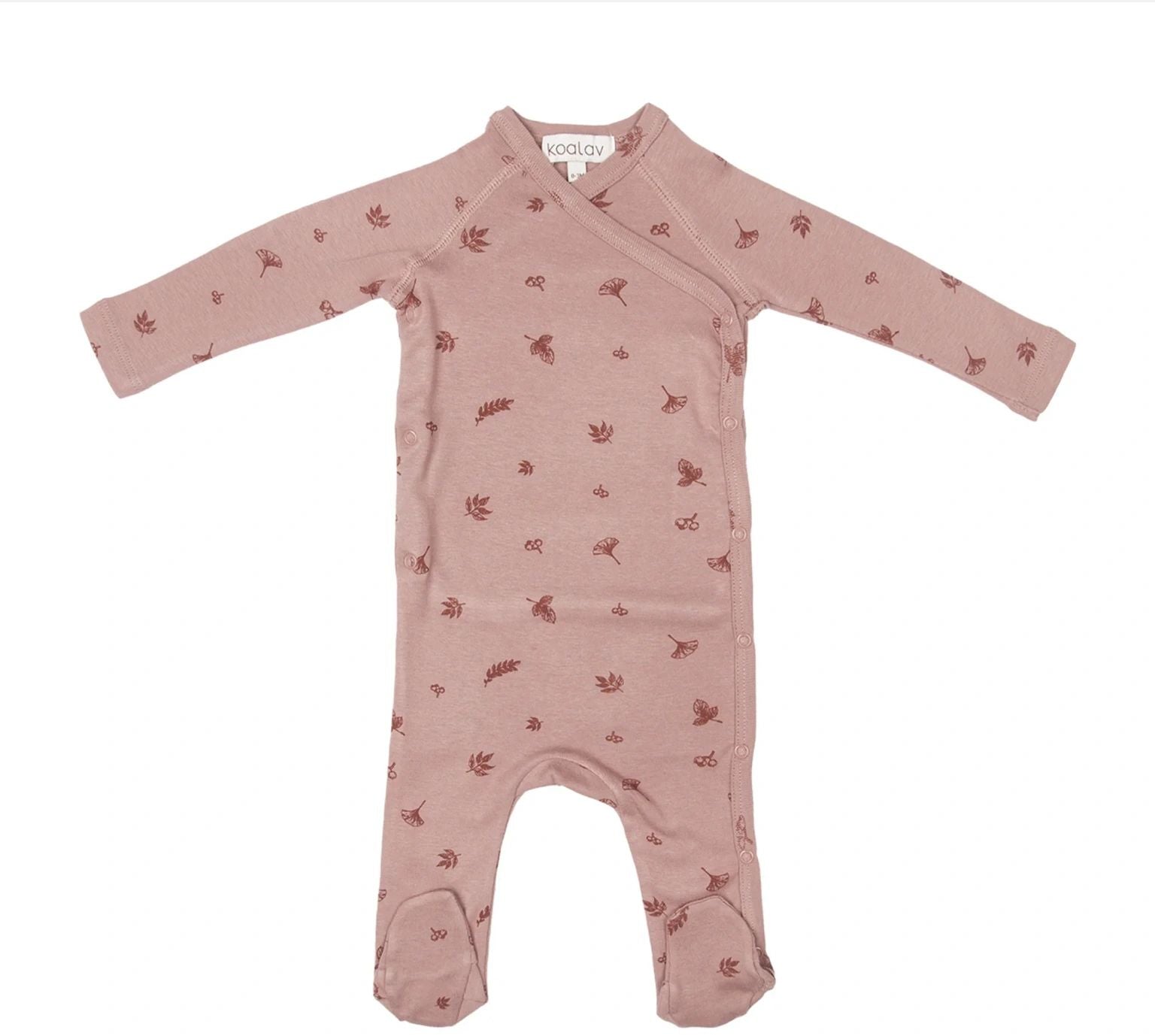 Koalav long sleeve asymmetric snap front footed coverall in rose dust