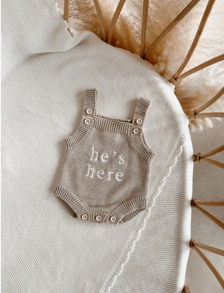 Blossom and pear "He's Here" mini knit romper