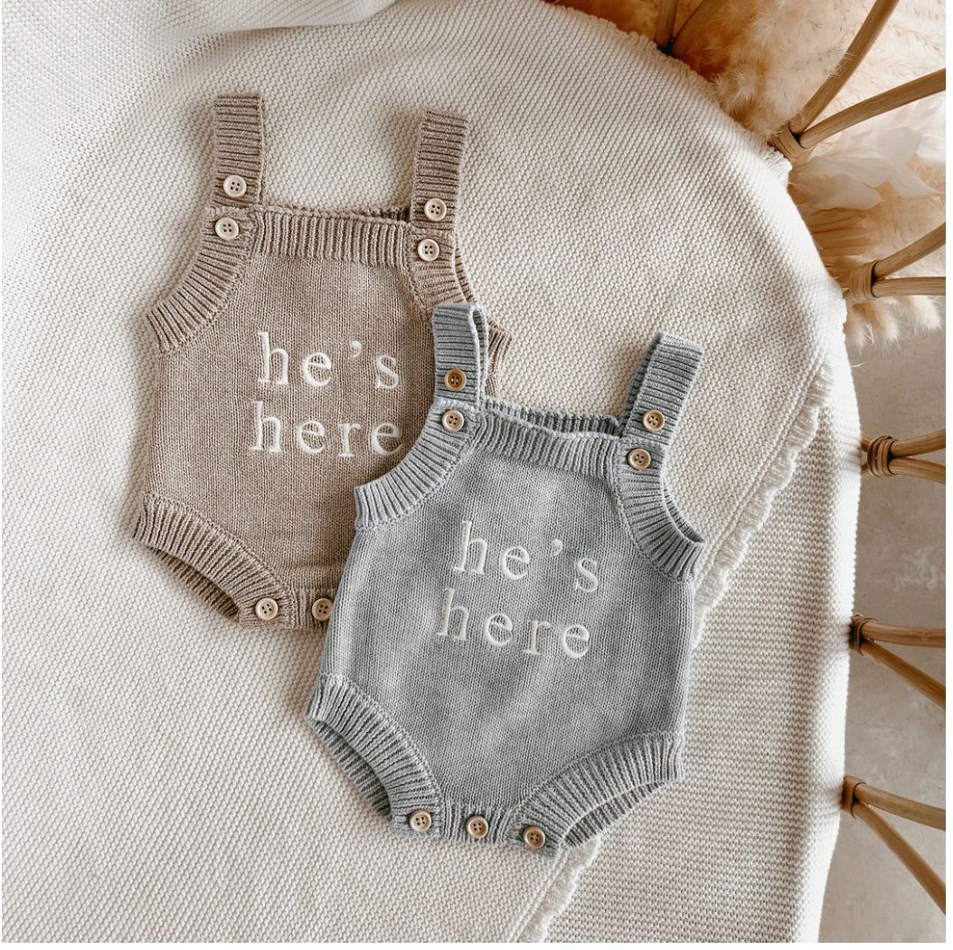 Blossom and pear "He's Here" mini knit romper