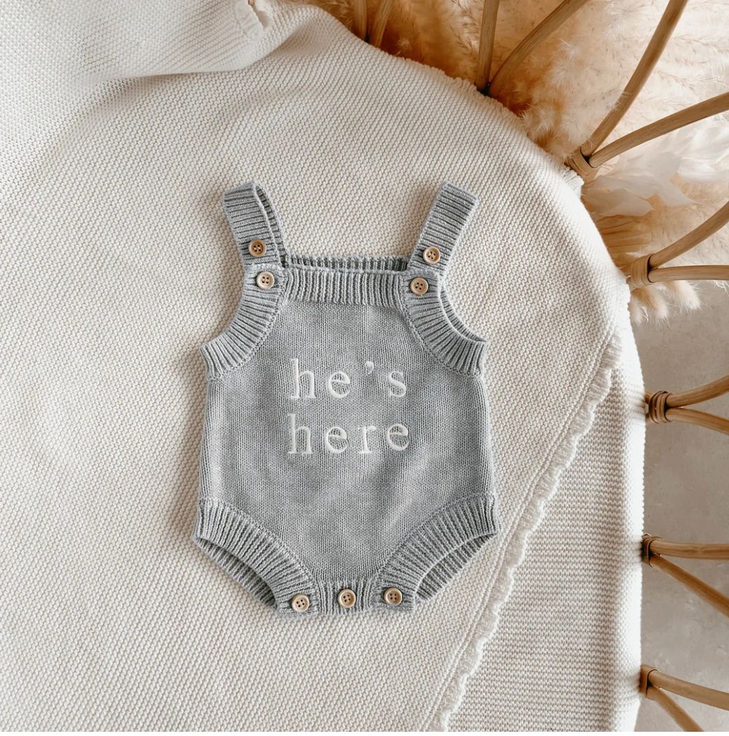 Blossom and pear "He's Here" mini knit romper