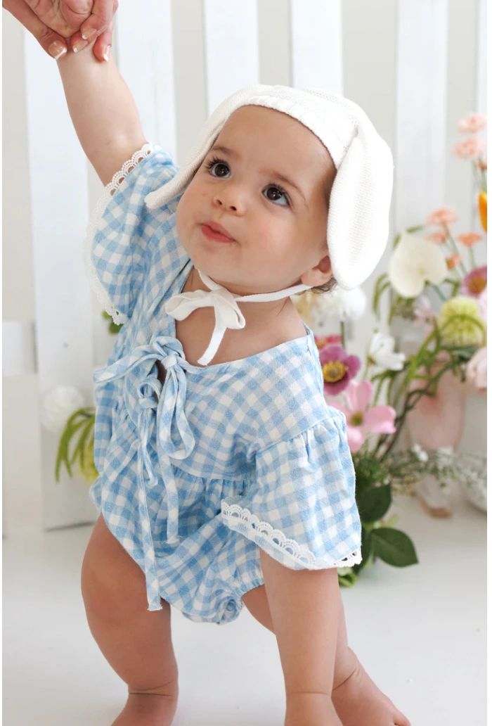 Blossom and Pear Bluebird Gingham Flutter Sleeve Romper
