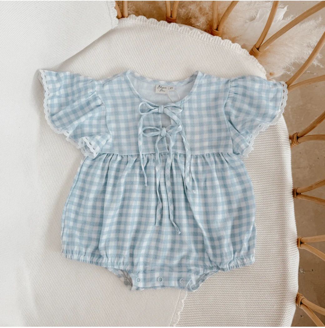 Blossom and Pear Bluebird Gingham Flutter Sleeve Romper